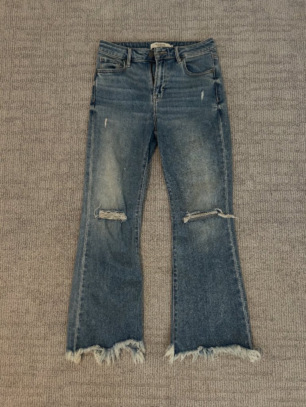 Classic Distressed Flare Jeans in Medium Blue